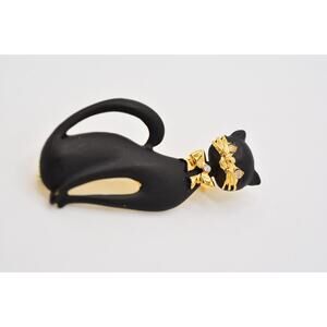 Vintage Cat Pin Brooch Pretty Black Matte Gold Tone 1990s BinAL